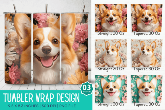 3D Corgi Dog Flowers Tumbler Design