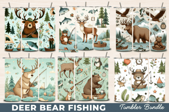 Deer Bear Fishing Tumbler Wrap PNG, 20 Oz